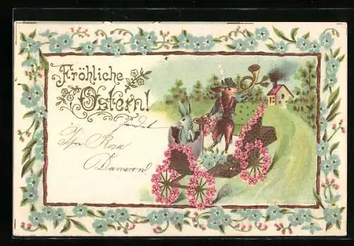 Lithographie Fröhliche Ostern!, Osterhasen im Automobil