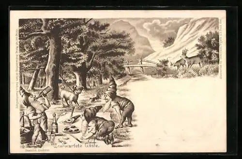 Künstler-AK Zwerge bedienen sich am Picknick