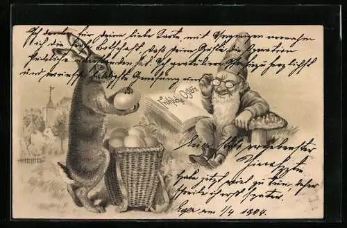 Künstler-AK Zwerg trifft auf Osterhase und bekommt ein Ei geschenkt