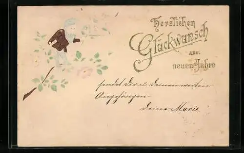 Präge-AK Zwerg steht auf einem Blütenzweig mit Strauss in der Hand