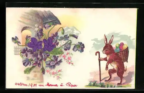 Präge-AK Osterhase auf dem Weg zu einem Turm, verwachsen mit Veilchen