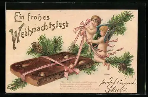 AK Kleine Engelchen mit einem Lebkuchen, Weihnachtsgruss