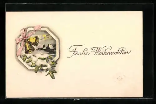 Künstler-AK Glocken und verschneiter Tannenzweig zu Weihnachten