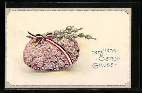 AK Ostergruss, Osterei mit Blüten mit Nationalfahne und Weidenkätzchen