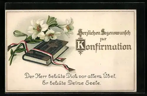 Präge-AK Lilien und Bibel zur Konfirmation