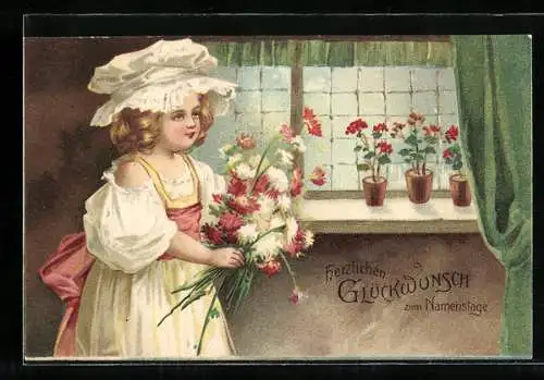 Präge-AK Junge Frau mit Blumenstrauss zum Namenstag