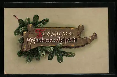 Präge-AK Tannenzweig und Gruss zu Weihnachten