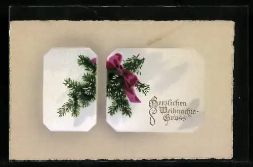 Künstler-AK Tannenzweig mit Schleife hinter aufgeklebten Rahmen zu Weihnachten