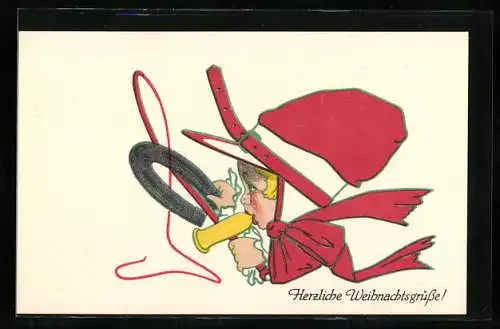 AK Herzliche Weihnachtsgrüsse, Kind mit Nuckelflasche und Hufeisen
