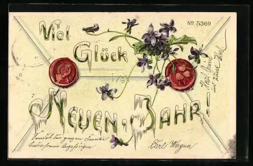 Präge-AK Brief mit Wachssiegeln und Veilchen zu Neujahr