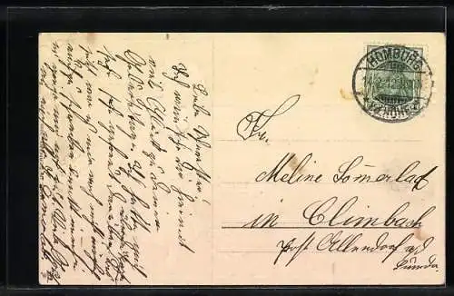 Präge-AK Mädchen mit Kleeblättern und Vergissmeinnicht zum Geburtstag