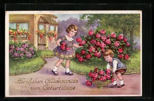 Künstler-AK Kinder pflücken zum Geburtstag Rosen