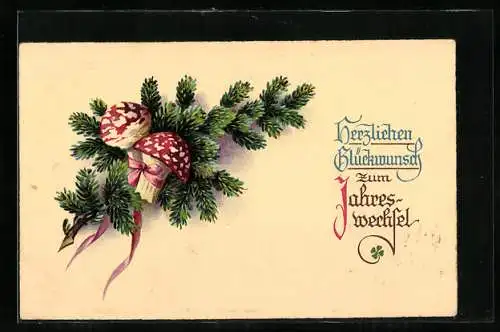 Künstler-AK Neujahrsgruss mit Fliegenpilzen und Tannenzweig