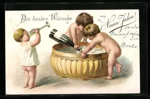 Lithographie Neujahrsgruss, Kleine Nackedeis kosten vom Champagner