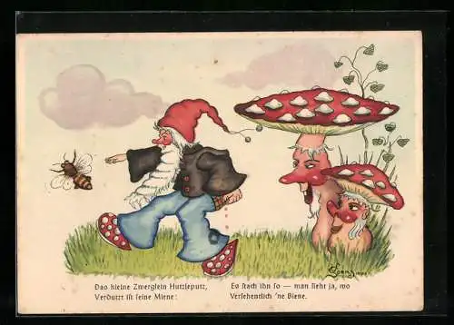 Künstler-AK Das kleine Zwerglein Hutzleputz mit Biene und Fliegenpilzen