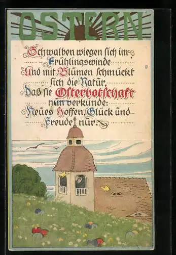 AK Ostern, Glockenläuten der Kirche an Ostersonntag dringt über eine Wiese