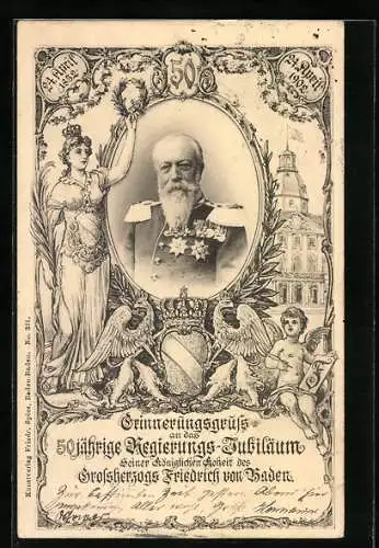 AK 50jähriges Regierungsjubiläum Grossherzog Friedrich von Baden 1852-1902, Porträt, Wappen, Engel