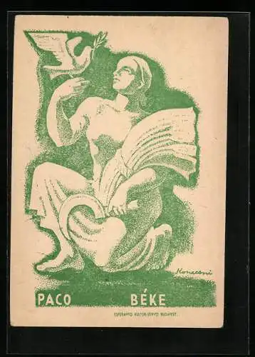 AK Frau mit Friedenstaube, Getreide und Sichel, Paco Béke, Esperanto