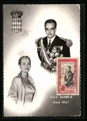 AK Prinz Rainier III. von Monaco in Uniform mit Orden und seiner Gattin Grace Kelly