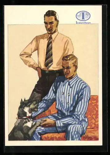 Künstler-AK Indanthren, zwei Herren mit Hund