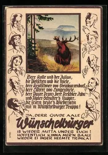 AK Ein röhrender Hirsch, Reklame für die Wünschelburger Kornbrennerei Nitsche & Co.