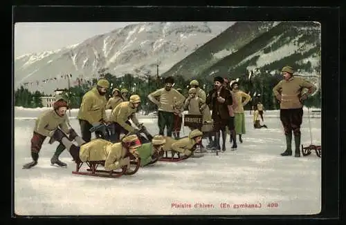 AK Plaisirs d`hiver, en gymkana, Frauen bäuchlings auf dem Schlitten