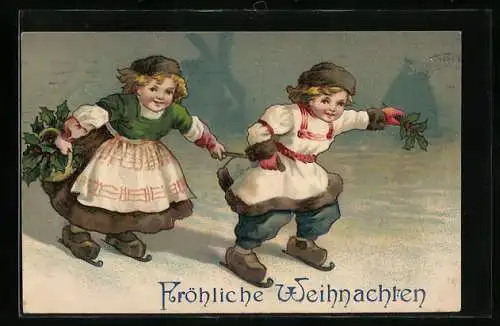 AK Holländisches Kinderpaar auf Schlittschuhen, Weihnachtsgruss