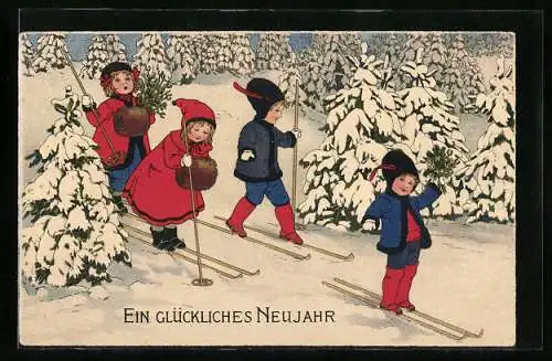 AK Kinder fahren Ski im Wald
