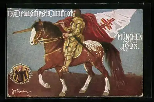 AK München, 13. Deutsches Turnfest 1923, Fahnenträger zu Pferd, Münchener Kindl