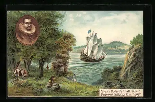 Künstler-AK Henry Hudsons Half Moon, Discovery of the Hudson River, 1609