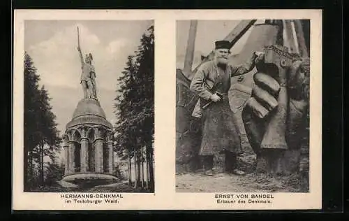 AK Hermannsdenkmal und Erbauer Ernst van Bandel bei der Arbeit