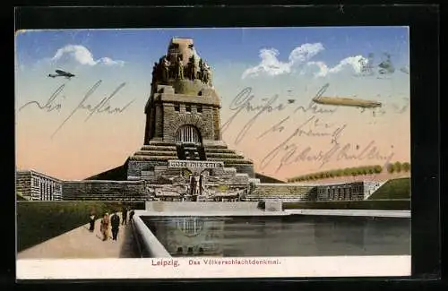 AK Leipzig, Das Völkerschlachtdenkmal mit Luftschiff Zeppelin