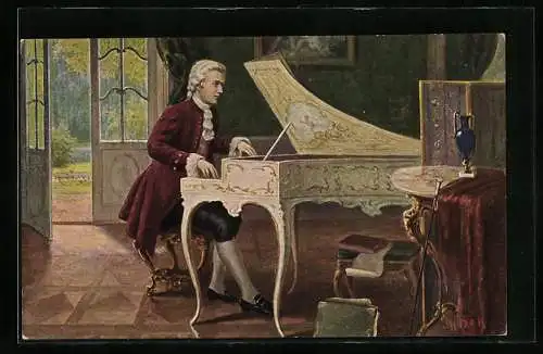 Künstler-AK Komponist Mozart spielt Klavier