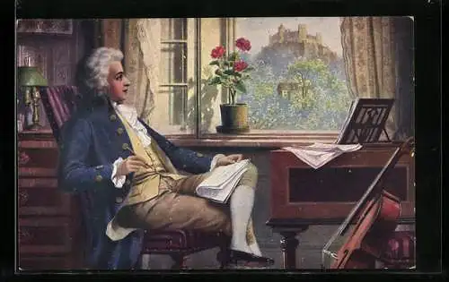 AK Wolfgang Amadeus Mozart mit Notenpapier