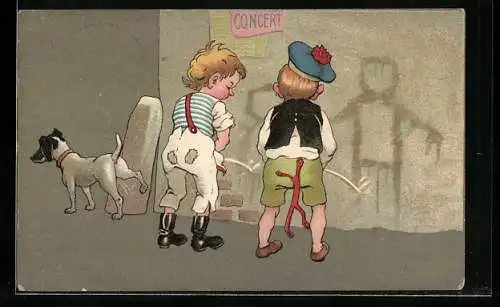 Künstler-AK Knaben beim Wettpinkeln mit Hund, Toilettenhumor