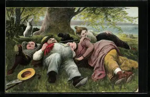 AK Übergewichtiger Mann schläft mit seiner Familie auf einer Wiese im Vogtland