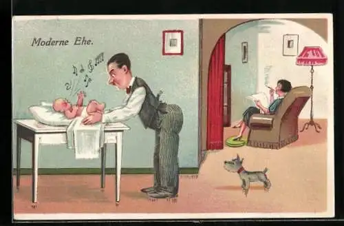 AK Der Mann wechselt die Windeln, während die Mutter Zeitung liest und raucht, Moderne Ehe