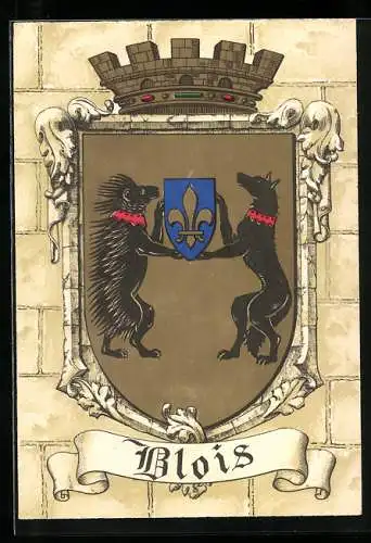 AK Wappen von Blois mit Stachelschwein und schwarzem Wolf, die ein Lilienschild halten