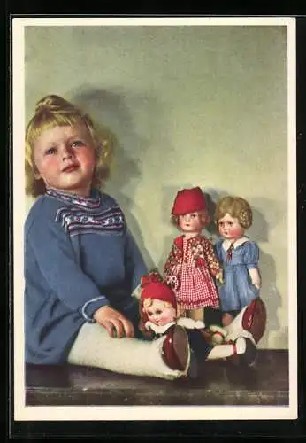 AK Ein kleines Mädchen mit drei Puppen