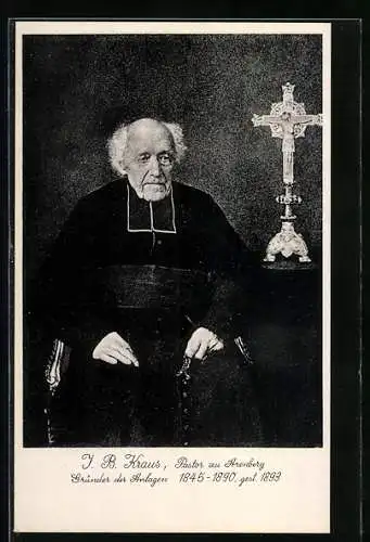 AK J. B. Kraus, Pastor zu Arenberg, im Habit neben einem Kreuz