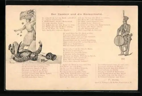Künstler-AK Eine Frau rennt einen Mann in Uniform um, Gedicht Der Dambor und die Bäckermahd von Friedrich Stoltze