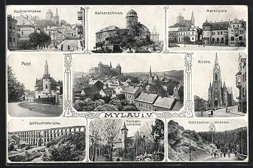 AK Mylau i. V., Kaiserschloss, Marktplatz, Kirche, Post, Göltzschtalbrücke und Ortsansicht aus der Vogelschau