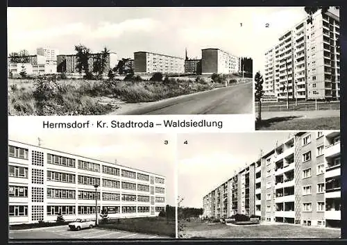 AK Hermsdorf /Kr. Stadtroda, Hermann-Danz-Strasse mit Hochhaus, Stadion, Polytechnische Oberschule
