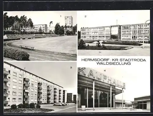 AK Hermsdorf /Kr. Stadtroda, Waldsiedlung, Erich-Weinter-Strasse, Polytechnische Oberschule, Kaufhalle