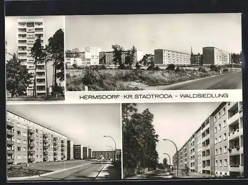 AK Hermsdorf /Kr. Stadtroda, Strassenpartie in der Waldsiedlung, Hochhaus