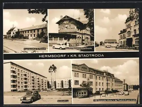AK Hermsdorf / Th, Ingeniuerschule für Keramik, Bahnhof Hermsdorf-Klosterlausnitz, Friedrich-Engels-Strasse, Waldsiedlung