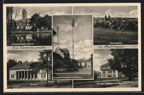 AK Bad Klosterlausnitz / Thür., Schwanenteich mit Kirche, Kurhotel Waldhaus zur Köppe, Moorbad, Marktplatz mit Rathaus