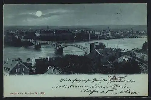 Mondschein-AK Koblenz, Stadtpanorama mit Brücke aus der Vogelschau