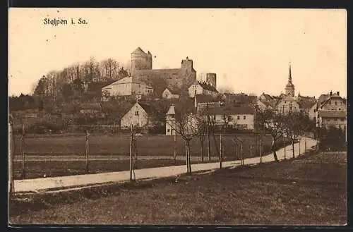 AK Stolpen i. Sa., Ortspartie mit Eingangstrasse und Burg