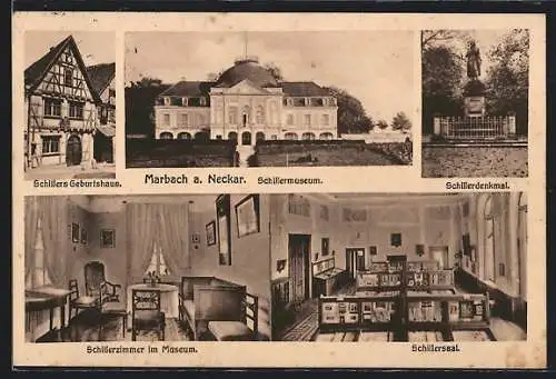 AK Marbach a. Neckar, Schillermuseum, Schillerdenkmal und Geburtshaus